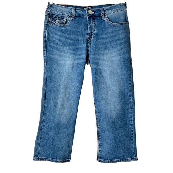 True Religion Billie SN Flap Straight Capri In Medium Tide Wash Blue 28 - Picture 3 of 11